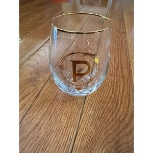 Unique Stemless Floral Monogram Wine Glass Engraved-Initial Wine Cup letter P
